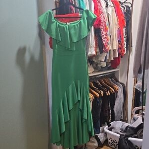 VENUS Green High-Low Ruffle Midi Dress